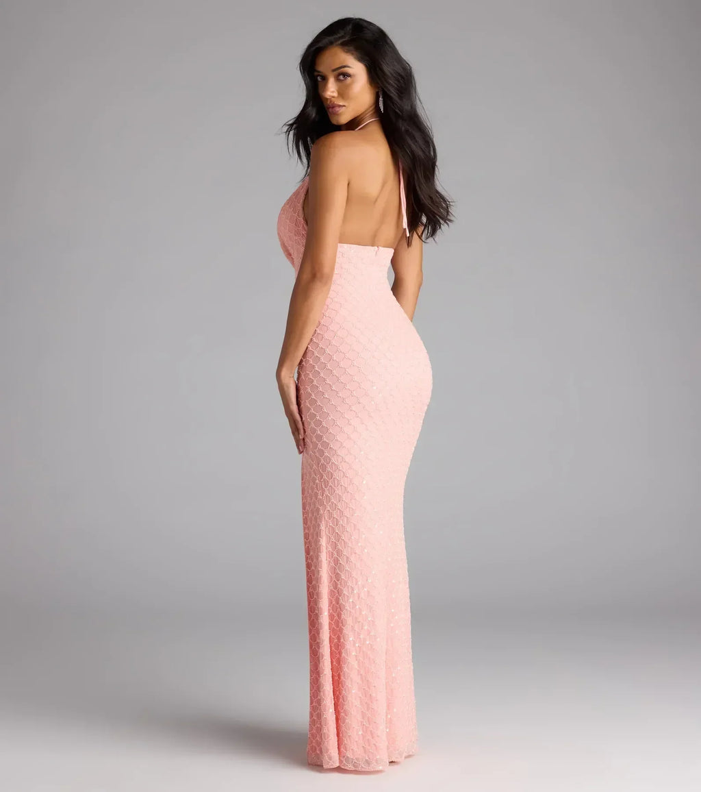 Alana Halter Beaded Sequin Formal Dress