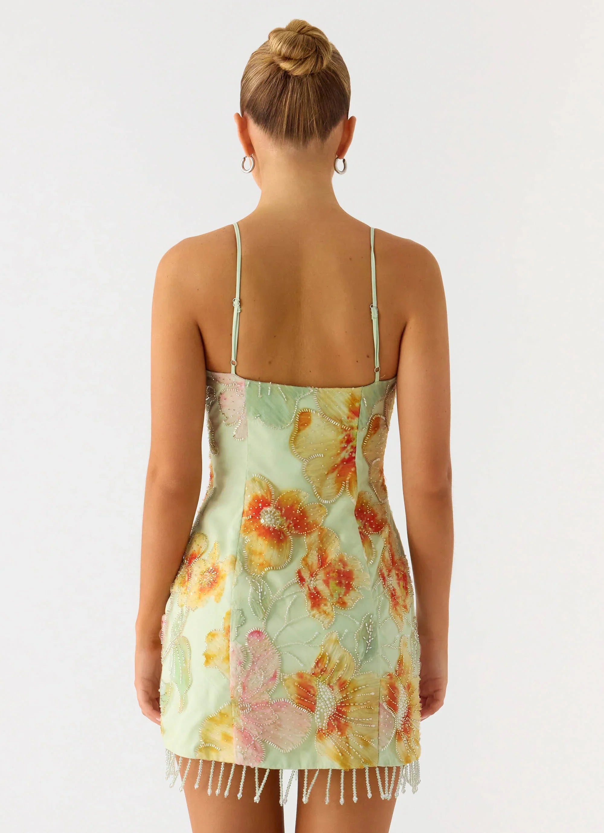 Gatiana Beaded Sequin Mini Dress - Green Floral Beaded