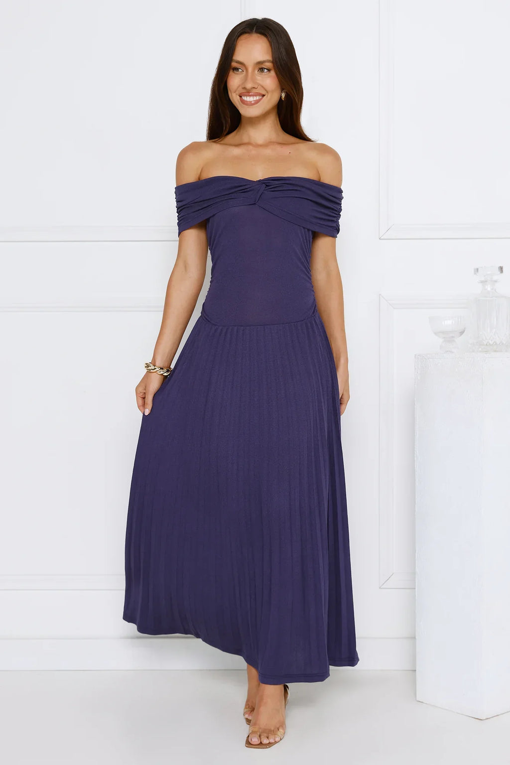 Nikita Off Shoulder Ribbed Maxi Dress Navy