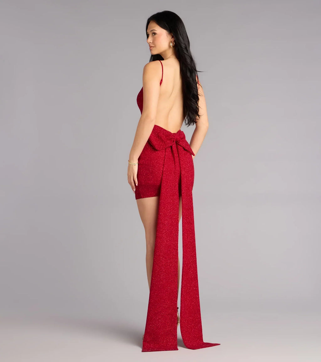 Toni Glitter Open Back Bow Mini Dress