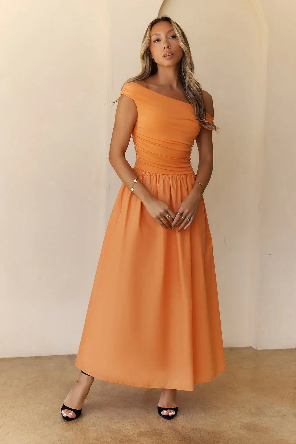 Camellia Charm Off Shoulder Maxi Dress
