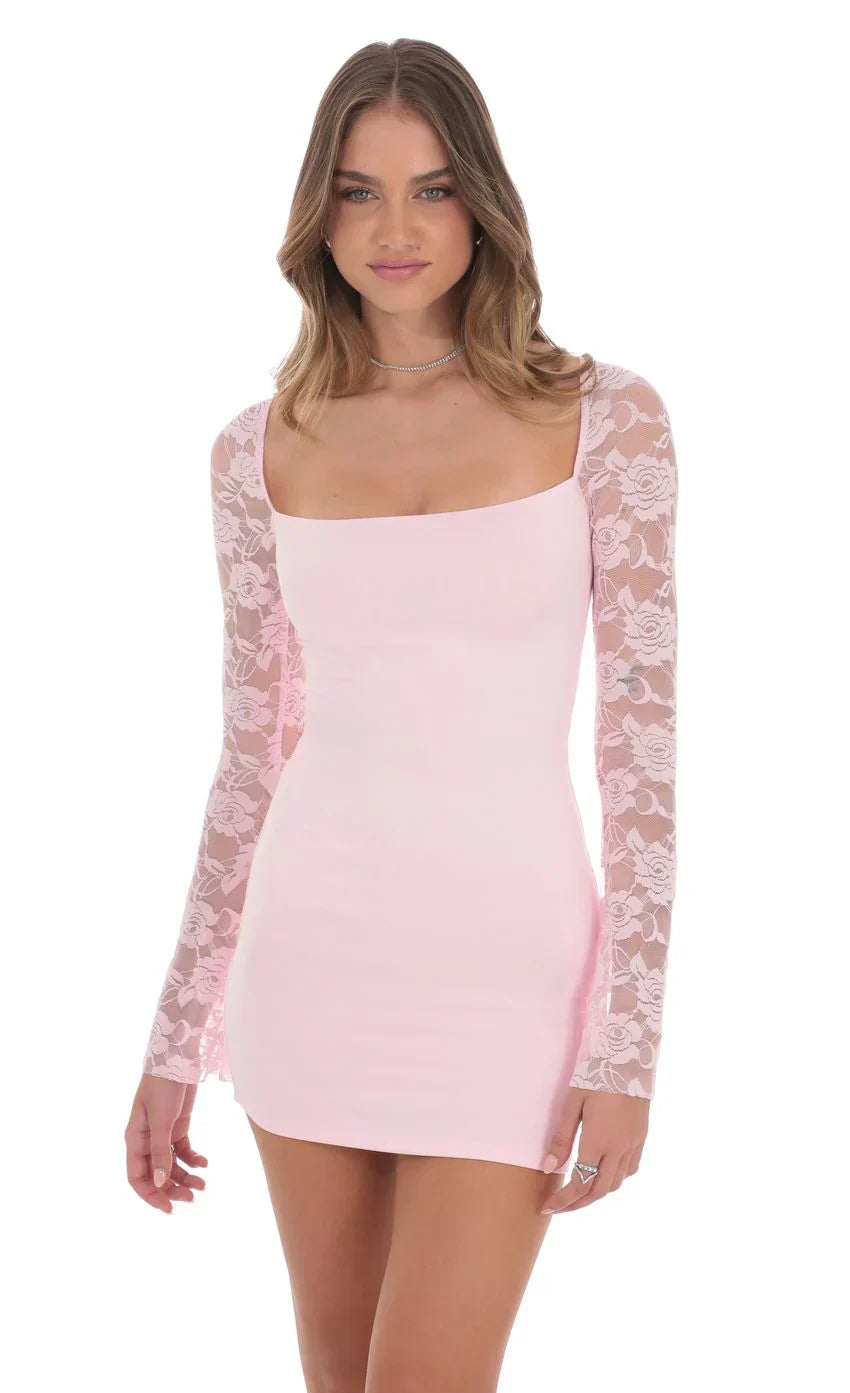 Lace Long Sleeve Bodycon Dress in Maroon