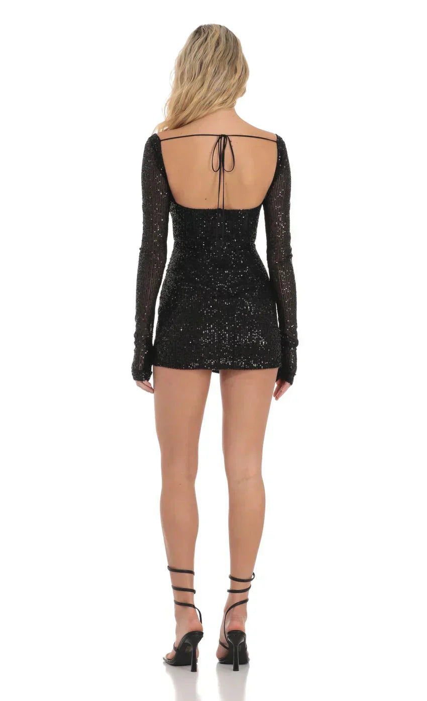 Sequin V-Neck Long Sleeve Dress in Black