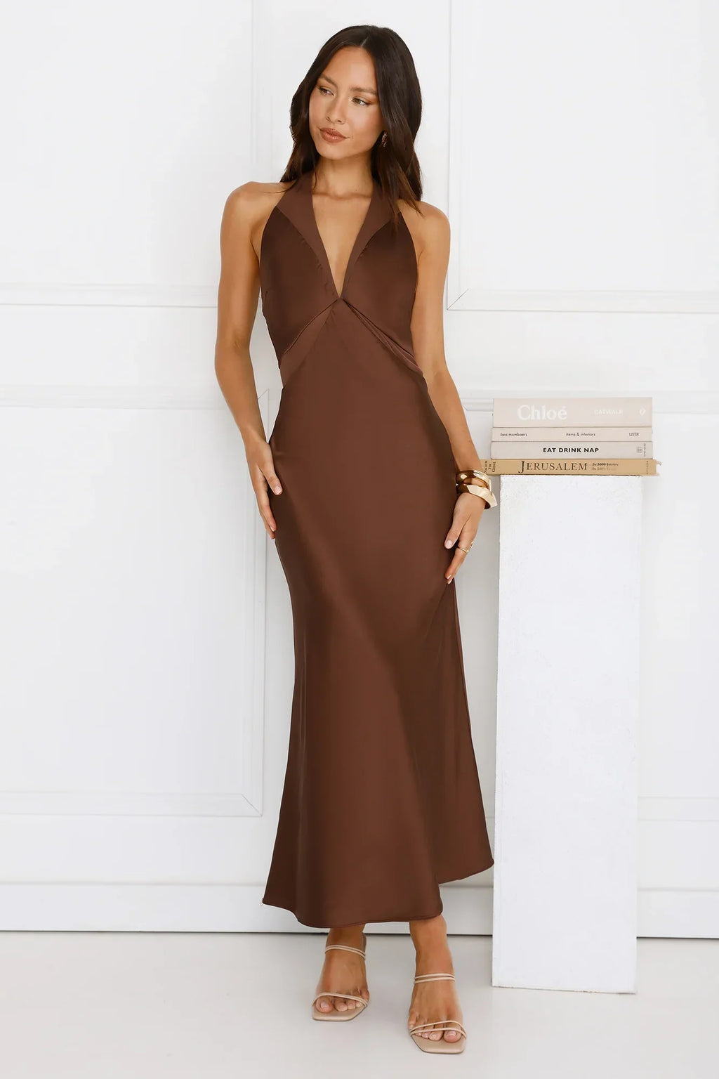 Nocturnal Bloom Satin Halter Maxi Dress Brown