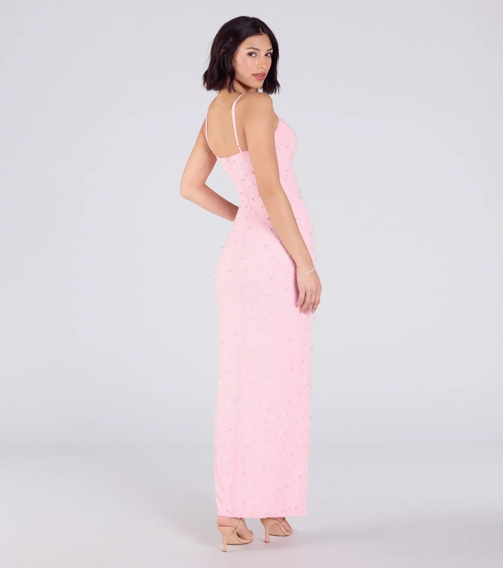 Klara Cowl Neck Faux Pearl Bead Column Dress