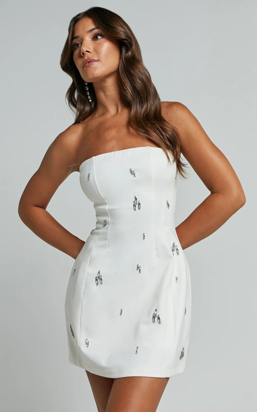Anziel Mini Dress - Strapless Structured Cluster Embellishment Dress in White