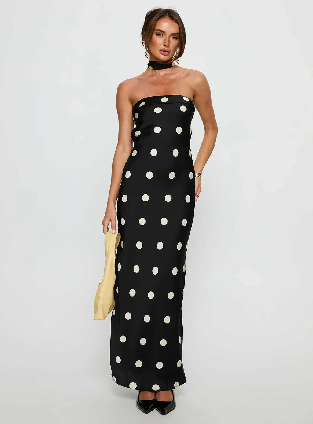 Madilaine Strapless Scarf Maxi Dress Black / Polka Dot
