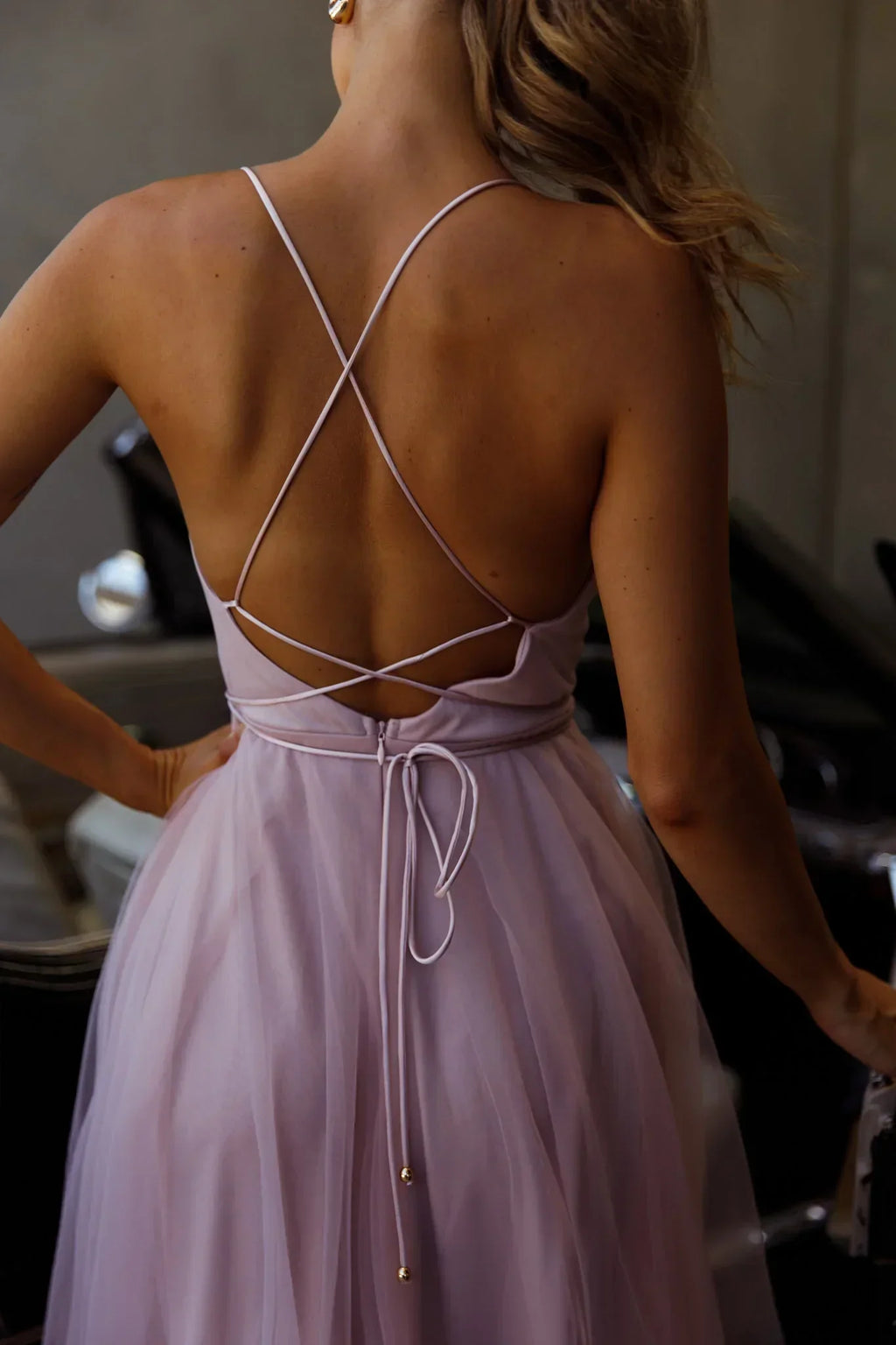 Floating By Pleated Neckline Mesh Midi Dress Blush