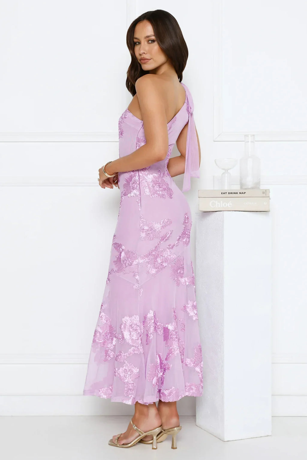 Glossy Girl One Shoulder Mesh Maxi Dress