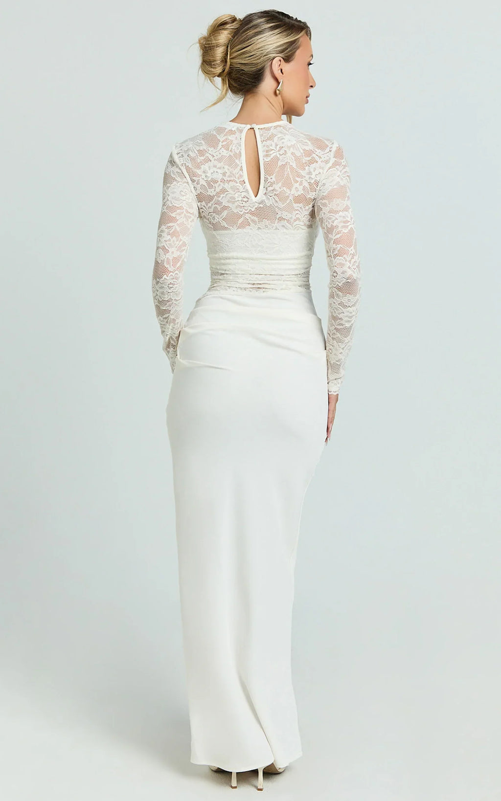 Crisanta Maxi Dress - Long Sleeve Contrast Lace Bodycon Dress in Ivory