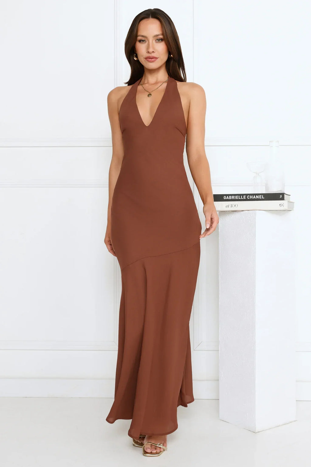 Polished Edge Halter Maxi Dress Brown