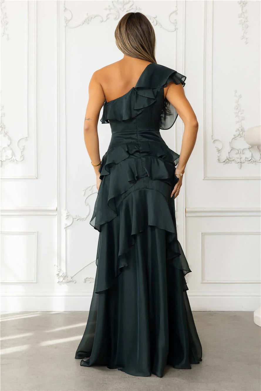 Autumn's Embrace One Shoulder Maxi Dress Hunter Green